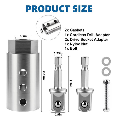 Heavy Duty Trailer Jack Drill Adapter For 1 Inch Cordless Shafts And Half Inch Square Drive Rust Proof Stainless Build dimensions and components.