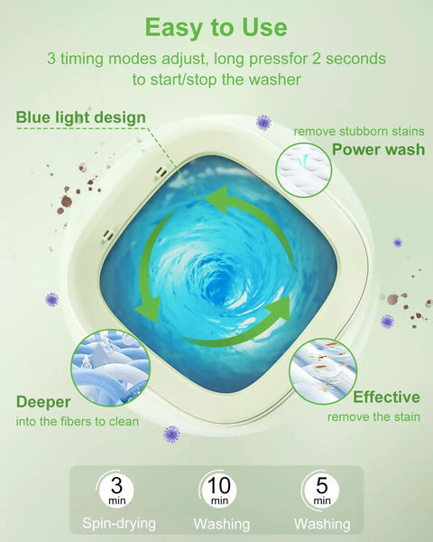 Game Changing Foldable Portable Mini Washing Machine With Sixteen Liter Capacity And Three Deep Wash Modes Built Tight For Dorm Rooms And Apartment Living Makes Dirty Laundry A Total Breeze For Busy Families On The Go showing blue light design and wash modes.