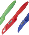 Three Piece Peeling And Paring Knife Set With Covers For Easy Fruit And Veg Prep, Includes Bird's Beak Knife, Serrated Paring Knife, And Straight Edge Paring Knife In Blue Green And Red, A Kitchen Essential For Every Home Cook