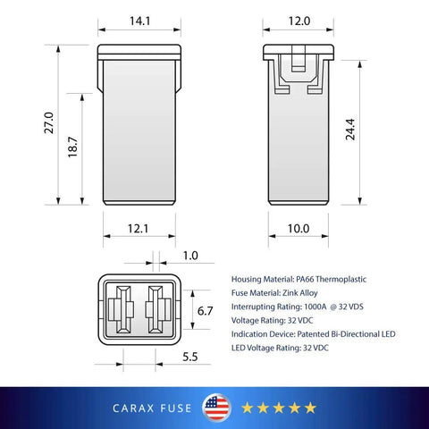 Dimensions of Glow When Blown LED Auto Fuse Kit Premium Fuse Cartridge with details on size and materials
