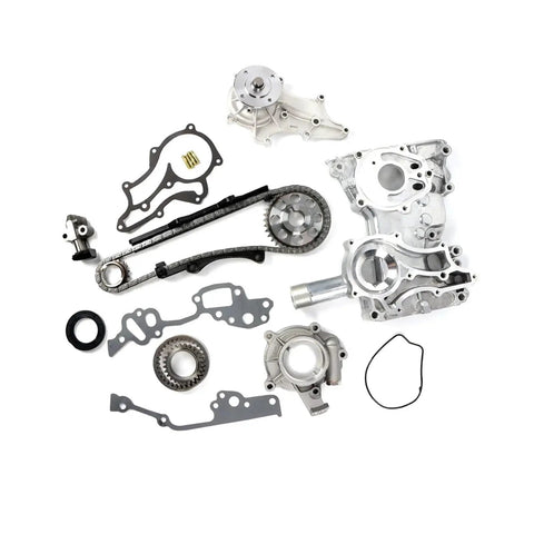 Get Your Ride Running Smooth With This Heavy Duty Timing Chain Kit Cover And Steel Oil Rail Plus Water Pump For Toyota 4Runner Pickup Celica 2.4L L4 Engine No More Leaks Or Stretching Problems Ever Again, silver metal parts set