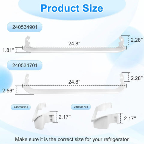 Three Pack Refrigerator Door Shelf Replacement Kit Includes 240534701 And 240534901 Rails Replaces AP3214631 PS734936 image showing size dimensions.