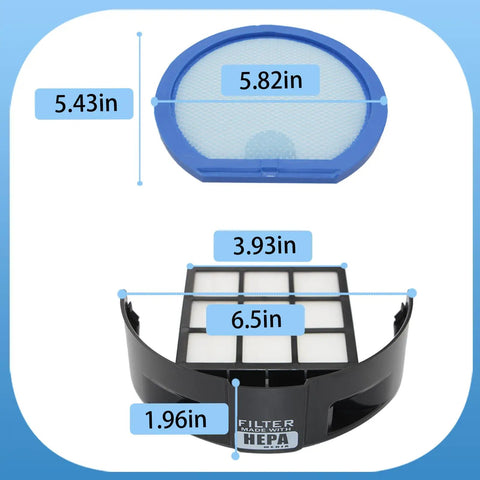 T Series WindTunnel Upright Vacuum Filter Kit dimensions: 5.43 x 5.82 top filter, 3.93 x 6.5 bottom filter, fits most bagless uprights