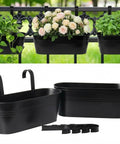 16 Inch Railing Planter Set Of 3 For Outdoor Plants With Detachable Hooks And Drain Holes Large Metal Balcony Pots For Home Garden Fence On Balconies Black