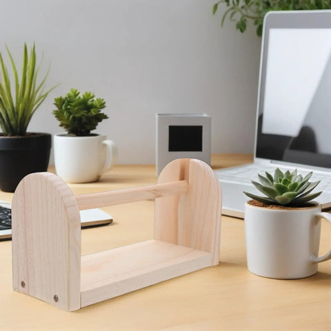 Solid Wood Tape Dispenser With Razor Sharp Blade Keep Your Craft And Packing Tape Setup Sick And Tidy Clean Desk Organization For Home Office Or Kitchen Counter Vibes on a desk with plants.