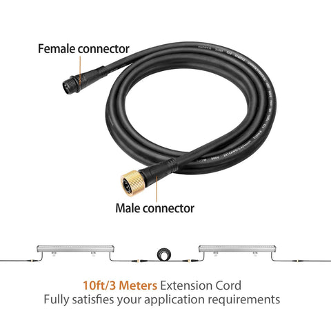 Badass Heavy Duty 10Ft Extension Cord Powers Linkable LED Wall Washer Lights with male and female connectors for outdoor use.