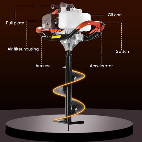 Gas Powered 72cc Post Hole Digger With Two Stroke Engine, A Real Workhorse, Includes 6 Inch And 8 Inch Auger Bits And 31.5 Inch Extension Rod, Earth Auger For Farm And Garden, Heavy Duty Construction For Quick Holes And Easy Yard Projects.
