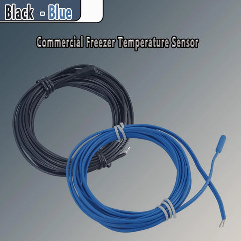 Two-pack freezer temperature sensor cables, black and blue, 119 inches long with exposed conductors.