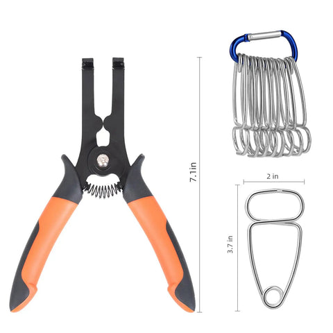 Heavy Duty Miter Clamps Kit With Spring Loaded Pliers, Eight Clamps, Carabiner Included, dimensions shown, for woodworking tasks