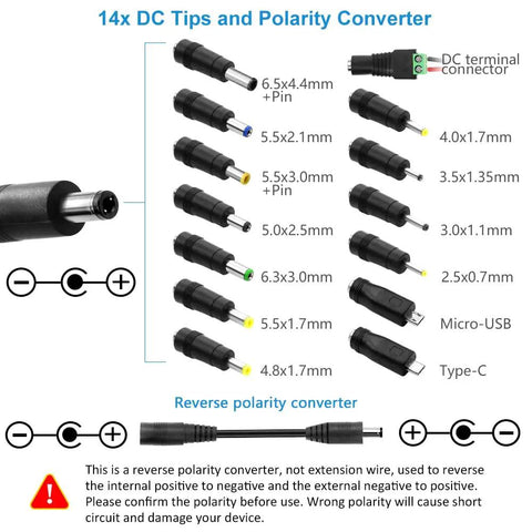 Universal 72W Power Supply With Adjustable 3V To 24V DC Output And 3A Cable, includes 14 DC tips and polarity converter diagram