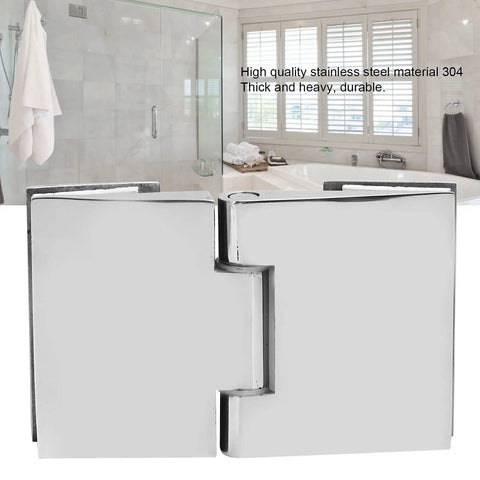 Heavy Duty Beveled Double Sided Shower Door Hinge Fits 8 To 12 Mm Tempered Glass Crafted From Corrosion Free 304 Stainless Steel, close-up view.