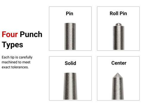 Four punch types from Do It All Punch Set With Walnut Block For Metal And Woodworking, 18 Piece Kit.
