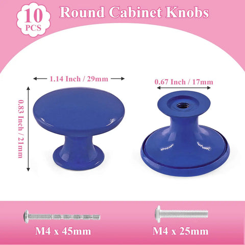 Fresh Royal Blue Metal Round Drawer Knobs 10 Pack For Kitchen Cabinets And Bedroom Dressers Sleek hardware pulls with dimensions.