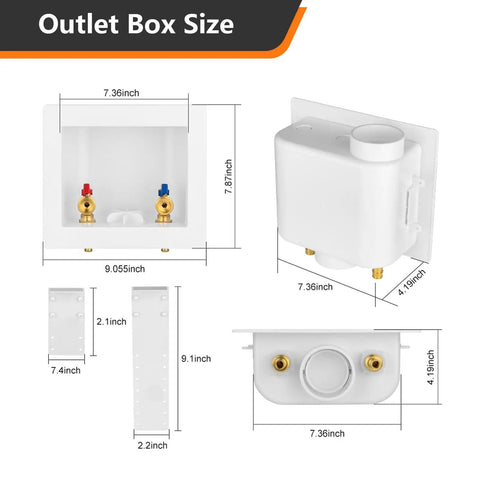 Dimensions of 1 Pack Washing Machine Outlet Box with 1/2 Inch Crimp PEX Inlet and 3/4 Inch MHT Outlet Center Drain shown.