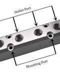 Heavy Duty Aluminum Pneumatic 4 Way Manifold Air Distribution Block With Two Half Inch Inlets And Two Quarter Inch Outlets, 18mm Inlet And 12mm Outlet, High Pressure Resistant, Corrosion Resistant, Lightweight Air Coupler Connector For DIY Workshop, showing labeled outlet and mounting ports.