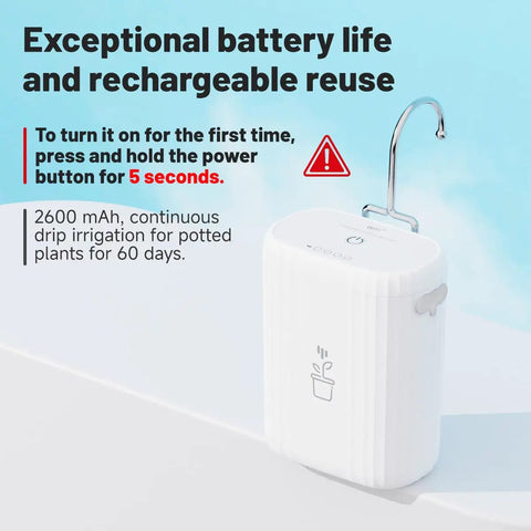 Automatic Plant Watering System For Indoor And Outdoor Use with 2600mAh battery and WiFi timer; shown with power instructions.