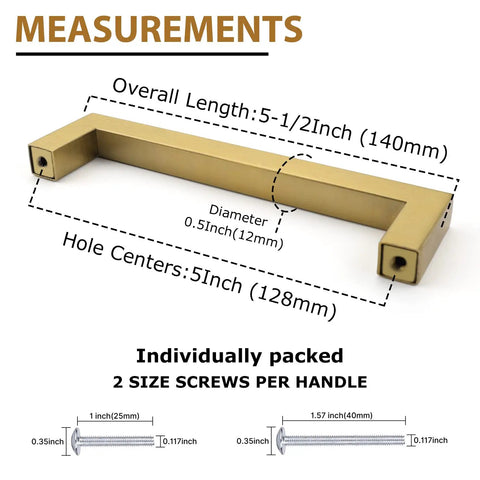 10 Pack 5 Inch Brushed Brass Cabinet Pulls Gold Drawer Pulls Premium Quality Cabinet Hardware For Kitchens And Bathrooms Sleek Modern Hardware Upgrade With Easy Installation And Durable Finish shown with detailed measurements and screws included.