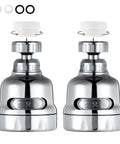 360 Degree Rotating Faucet Aerator Attachment With 3 Mode Spray Pulse Sprinkler And Pulse Plus Sprinkler For Water Saving Easy Install Kitchen Sink Head Chrome Plated Pack Of 2, showing two chrome faucet attachments with adapters above.