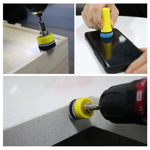 Get Ready To Rock Your Projects With This Massive 191PC Set Of Premium 1 Inch Wet Dry Sanding Discs Featuring Convenient Hook Loop Backing Pads For Serious Precision Grinding And Polishing Done Right. Images show sanding discs in use on wood, a phone, and a countertop.