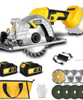 Slick And Badass 5 Inch 21V Cordless Circular Saw With Two Batteries Eight Blades And Tough Carry Bag showing tools and accessories.