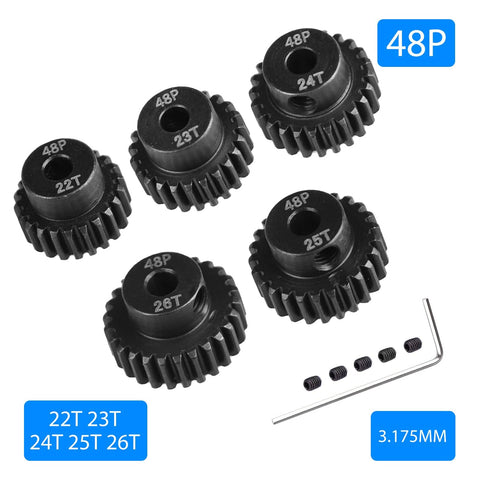 Five Pack 48P RC Motor Pinion Gear Set 22T 23T 24T 25T 26T Hardened Steel Upgrade For 1/10 Scale RC Cars With 3.175mm Shaft Motors Fits Steel Spur Gear Only