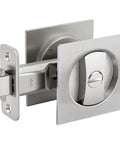 Brushed Nickel Pocket Door Lock Set For Two One Eighth Inch Bore, Square Style Pocket Door Hardware For Sliding Doors, Latch View