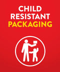 Child resistant packaging icon with adult and child figures on red background, ensuring safety for products like batteries.