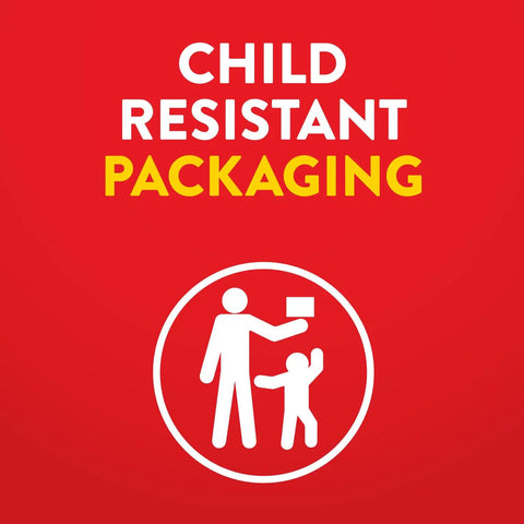 Child resistant packaging icon with adult and child figures on red background, ensuring safety for products like batteries.
