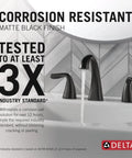 Close-up of Arvo Matte Black Widespread Bathroom Faucet For 8 Inch 3 Hole Vanity Sink Tap With Push Pop Drain showing corrosion resistance
