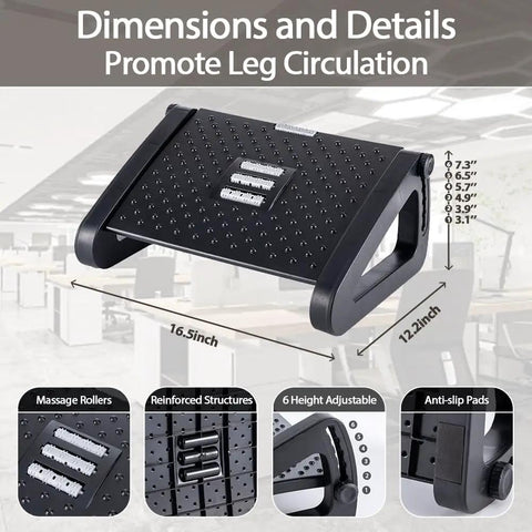 Six Height Adjustable Under Desk Foot Rest For Work Go To Ergonomic Foot Stool With Massage Roller dimensions and features.