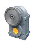 Beefed Up Workhorse Parallel Shaft Helical Gear Reducer With 1 To 3 And 1 To 500 Reduction Range, Dead Quiet Smooth High Torque Output, Horizontal Or Vertical Mounting, Multi Voltage 12V 24V 110V 220V 380V For Industrial Drives. Gray cast-metal gear reducer with yellow inspection cover.