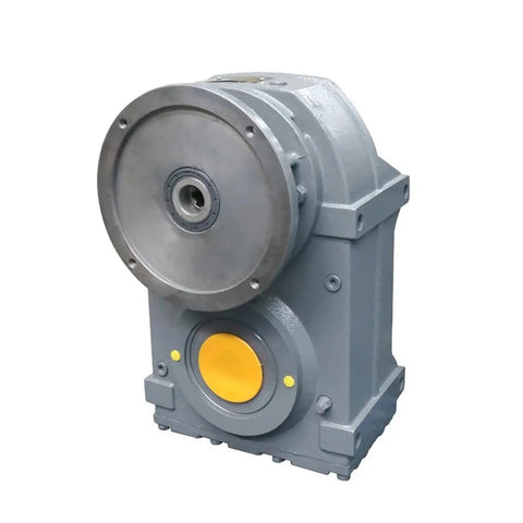 Beefed Up Workhorse Parallel Shaft Helical Gear Reducer With 1 To 3 And 1 To 500 Reduction Range, Dead Quiet Smooth High Torque Output, Horizontal Or Vertical Mounting, Multi Voltage 12V 24V 110V 220V 380V For Industrial Drives. Gray cast-metal gear reducer with yellow inspection cover.