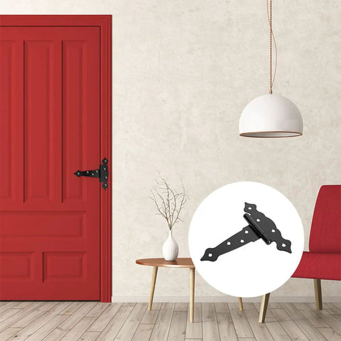 Beefed Up Heavy Duty Gate Hinges For Wood Gates T Post Hinges Black 6 Inch on a red door with modern decor