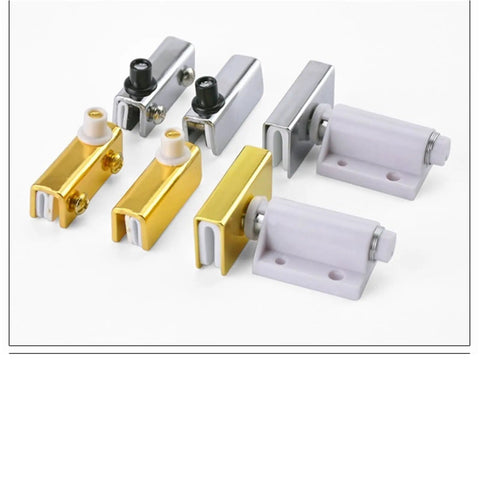 Soft Close Cabinet Door Hardware Kit With Glass Clips, Shaft Hinges and Suction Closer set on white background