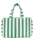 Front view of Water Resistant Cosmetic Bag With Leak Proof Pockets, Compact Toiletry Carrier, green and white striped design.