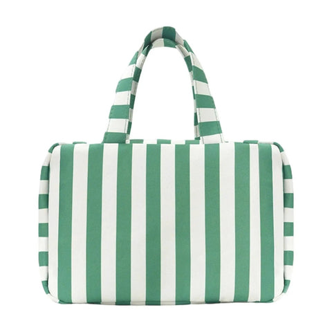 Front view of Water Resistant Cosmetic Bag With Leak Proof Pockets, Compact Toiletry Carrier, green and white striped design.