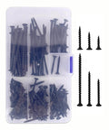 Drywall Screws Assortment Kit, 166-Piece Black Wood Screws in clear box with 6 sizes including 3 in, 2 in, 1-1/2 in, rust-resistant.
