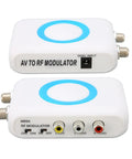 NTSC RF Modulator To RF Coaxial Converter Kit With AV Output for DIY CATV Setup showing front and back ports.