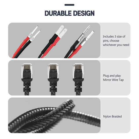 16.5 Inch Radar Detector Hardwire Power Cord With RJ11 Plug showing three sizes of pin connectors and nylon braided design