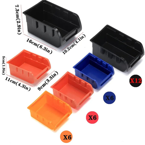 Wall Mounted Garage Storage Bins Organizer Rack With 30 Bins In Four Colors ABS Plastic For Screws And Small Parts Includes 12 Large Black Bins And 6 Orange 6 Blue 6 Red Small Bins Ideal Tool Organizer For Home Workshop And Garage, showing assorted bin sizes and colors.