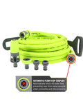 Garden Hose Kit With Quick Connect Attachments Lightweight Flexible Half Inch By Fifty Foot Hybrid Polymer Hose That Coils Easily Includes Twist Nozzle Flow Stop Coupler Spigot Adapter Hose Adapters And Hose Hanger Will Not Kink Under Pressure shown coiled with flow stop coupler highlighted.
