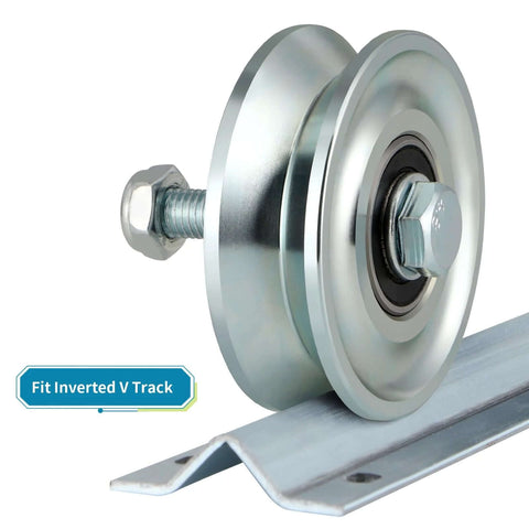 3-inch V-groove gate wheel, front view, silver finish with bolt-on axle and double bearings for inverted V-track