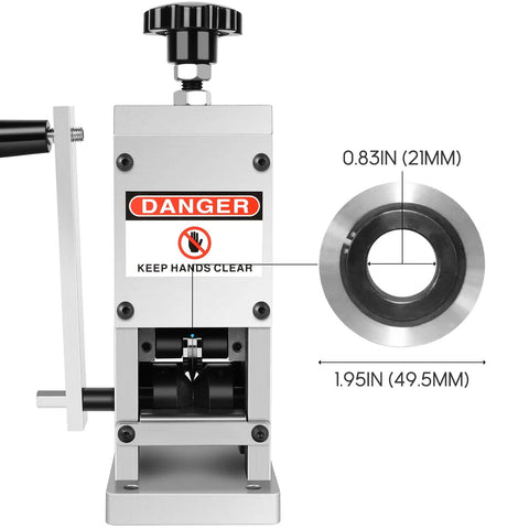 Front view of Heavy Duty Wire Stripping Machine for Scrap Copper Wiring, showing manual crank and warning label, aluminum alloy build