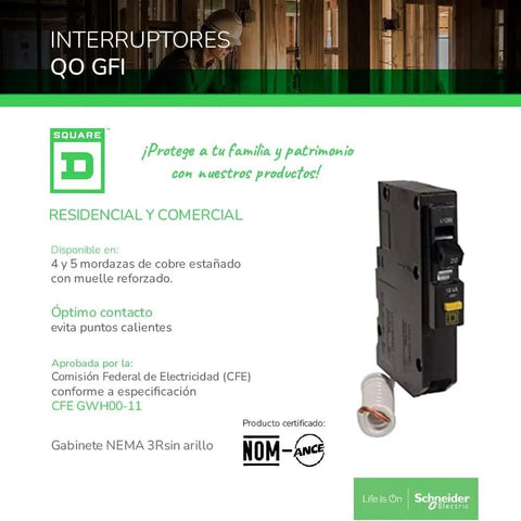 QO Qwik-Gard 15 Amp Single Pole GFCI Circuit Breaker For QO Panels positioned next to product information, 120 Volt AC, 1 space design