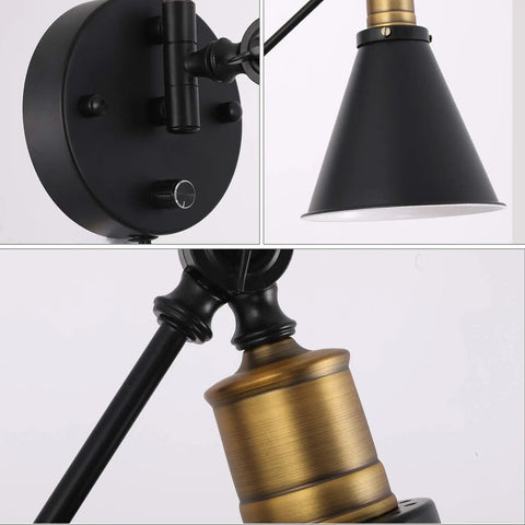 Close-up of black lampshade, bronze head, and switch of Two Light Dimmable Industrial Wall Sconce With On Off Switch Edison Vintage Style Swing Arm Lamp Bronze Head And Black Lampshade Plug In Or Hardwired For Lobby Hallway Kitchen Dining Room Restaurant