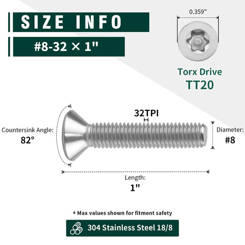 Built Different 304 Stainless Steel Security Torx Screws In Flat Head Design, #8-32, 1 Inch, for electrical boxes.