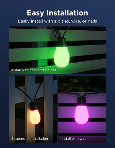 Installation options for Lit Outdoor String Lights 96ft Dual Rope RGBIC LED Bulbs With 111 Scene Modes on fence.