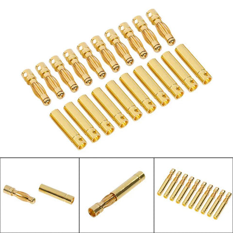 20 Pairs 4mm Banana Bullet Connector Set For RC Batteries ESCs And Motors, Gold Plated Male And Female Plugs arranged on white background