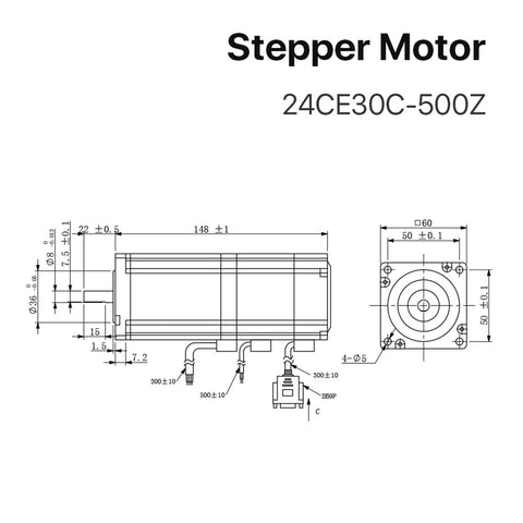 NEMA24 closed-loop stepper motor with brake; black-and-white front and side dimensional drawing.