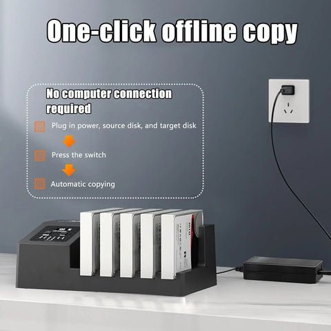 Five Bay Hard Drive Enclosure Copier Box For Offline Cloning Sata Ssd And Hdd Delivering 5Gbps Through Usb 3.0 with power source.